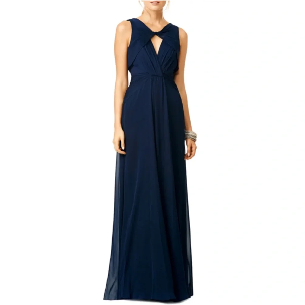 badgley mischka navy blue dress Ruffle Trim Pleated Gown in Navy